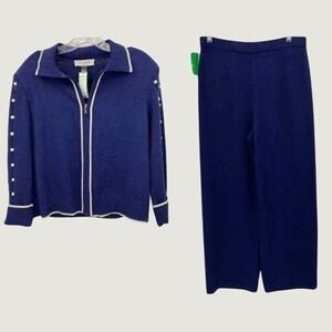 St John Collection‎ Size 10/12 Navy White Wool Knit Jacket and Pant Matching Set
